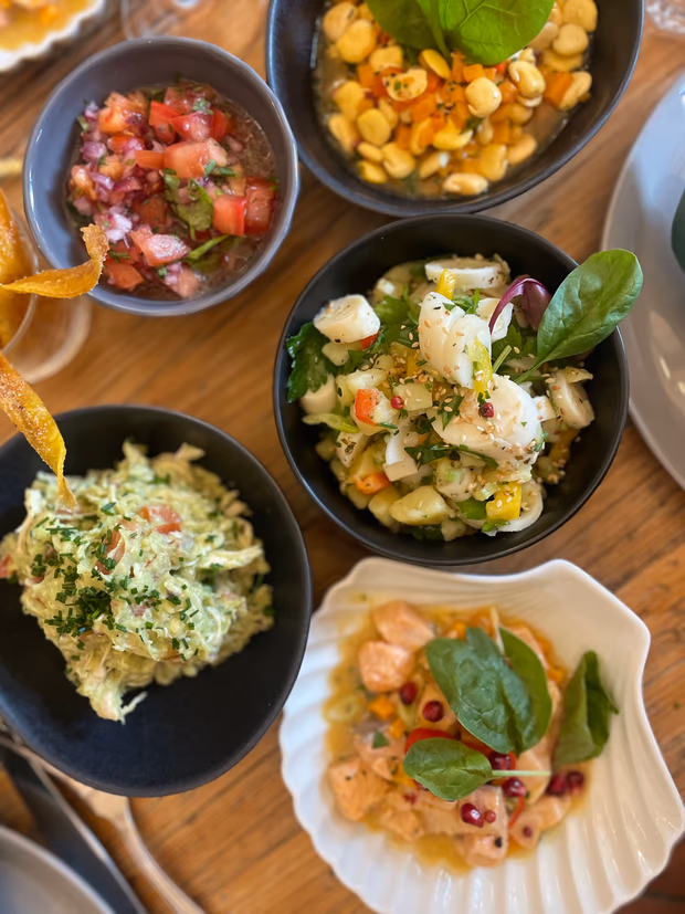 Guacamole, Ceviche und Salsa in Schalen auf einem Holztisch